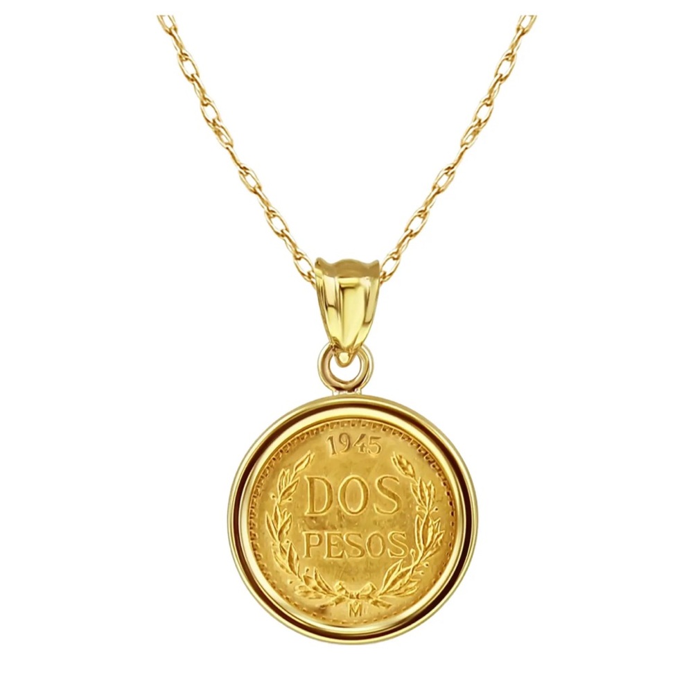 VINTAGE 1945 SOLID Dos Pesos Gold Coin Pendant Necklace